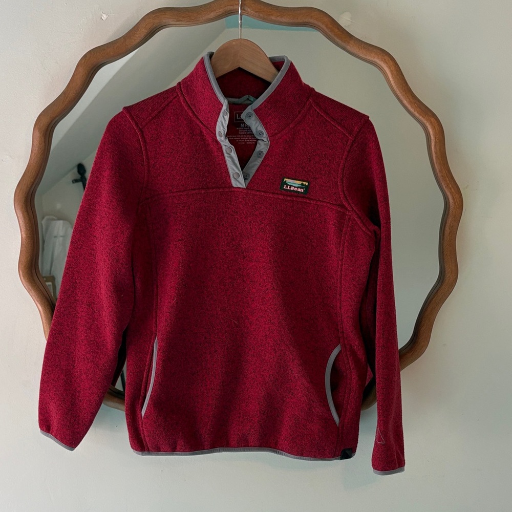 L.L. Bean Men's Cranberry Red Quarter-Snap Fleece Pullover with Gray Trim